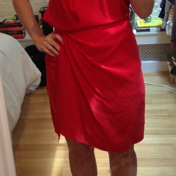Raw Silk Red Acne Dress - One Shoulder - Size 34 - Picture 10 of 11